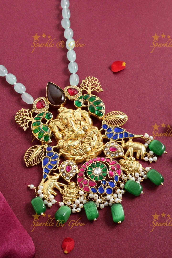 Beautiful light blue and Green beads Jadau Ganesha pendnet chain - Sparkle and Glow