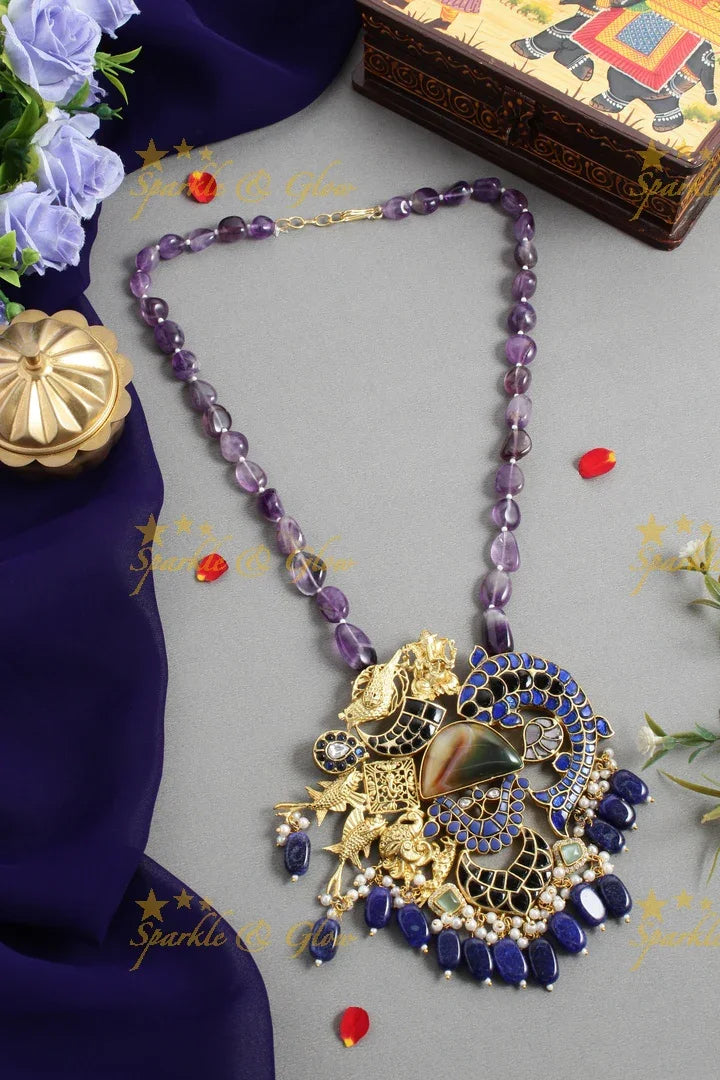 Beautiful Purple beads Jadau Blue Stone Fish Carved pendnet chain - Sparkle and Glow