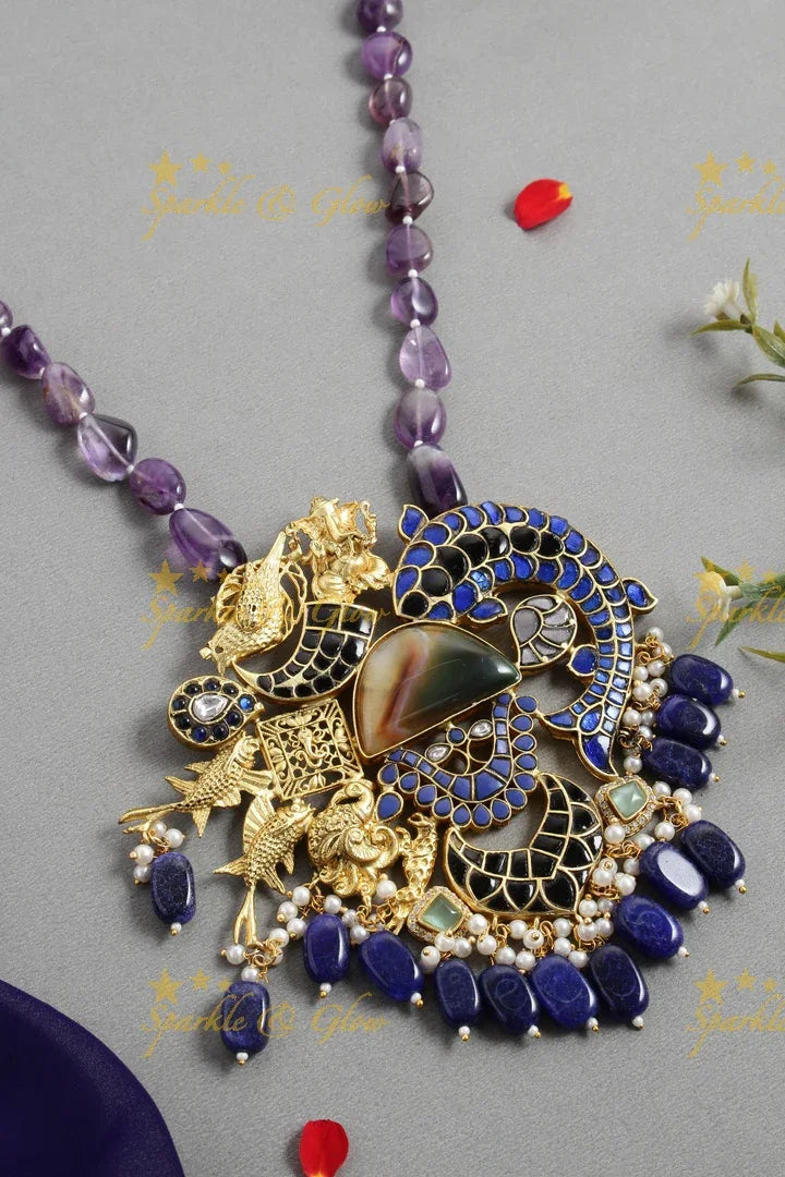 Beautiful Purple beads Jadau Blue Stone Fish Carved pendnet chain - Sparkle and Glow