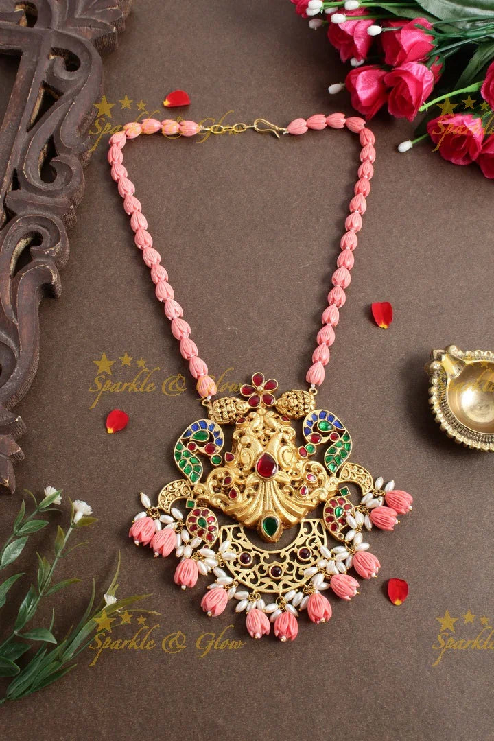 Beautiful Pink Moggapu beads Jadau Peacock Carved pendnet chain - Sparkle and Glow