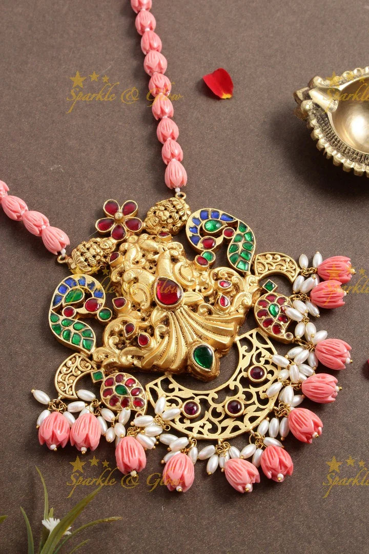 Beautiful Pink Moggapu beads Jadau Peacock Carved pendnet chain - Sparkle and Glow