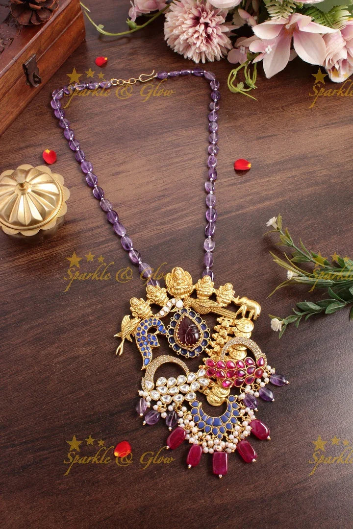 Beautiful Purple beads Jadau Blue Stone Fish and Lakshmi Carved pendnet chain - Sparkle and Glow
