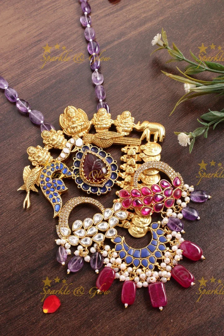 Beautiful Purple beads Jadau Blue Stone Fish and Lakshmi Carved pendnet chain - Sparkle and Glow