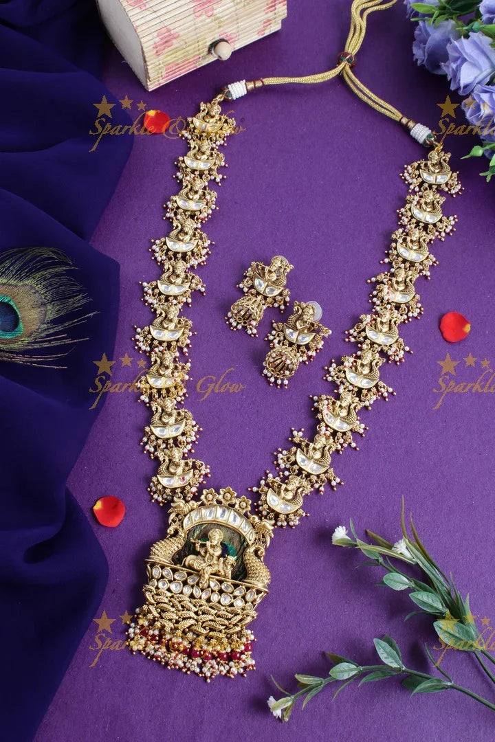 Statement Krishna playinng flute pendant kundan stone long necklace with green beads - Sparkle and Glow