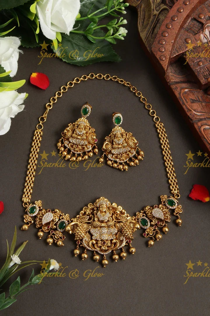 Beautiful gold alike ad stones Lakshmi choker with gold beads - Sparkle and Glow