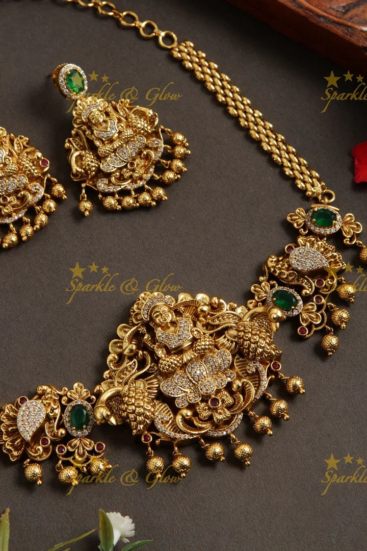 Beautiful gold alike ad stones Lakshmi choker with gold beads - Sparkle and Glow