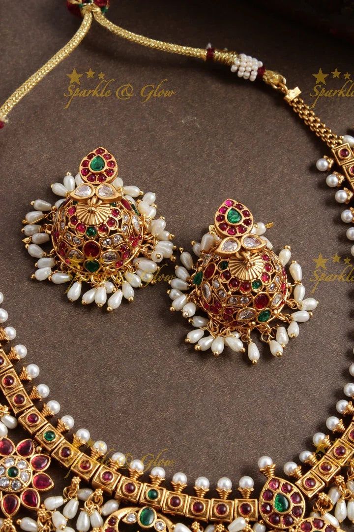 Beautiful floral premium matte rice pearl gutta pusalu necklace - Sparkle and Glow