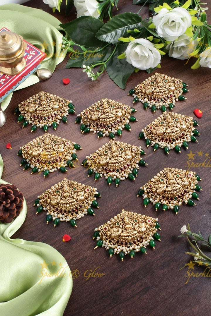 Gold alike Lakshmi jada billa set of 9 pcs with green beads - Sparkle and Glow
