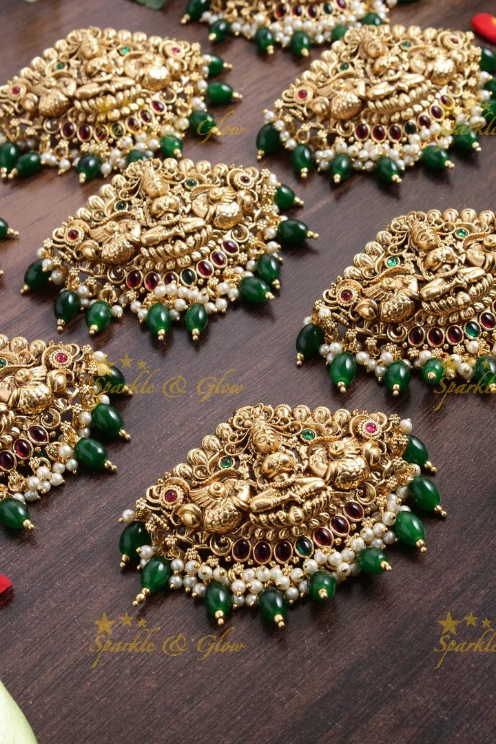 Gold alike Lakshmi jada billa set of 9 pcs with green beads - Sparkle and Glow
