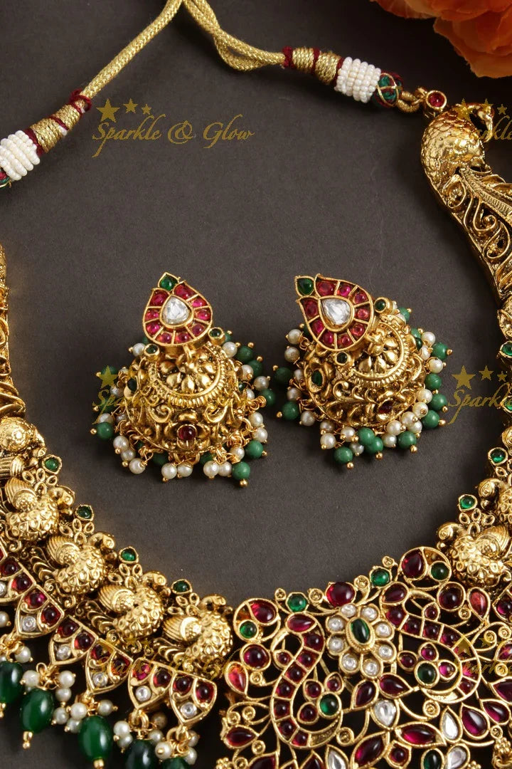 Stunning kemp stones peacock bridal short necklace with green beads - Sparkle and Glow