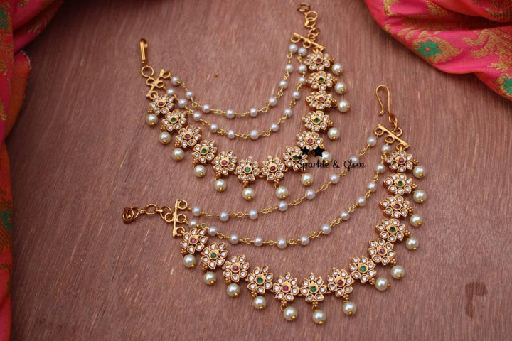 Flower designed ear chain with pearl drops - Sparkle and Glow