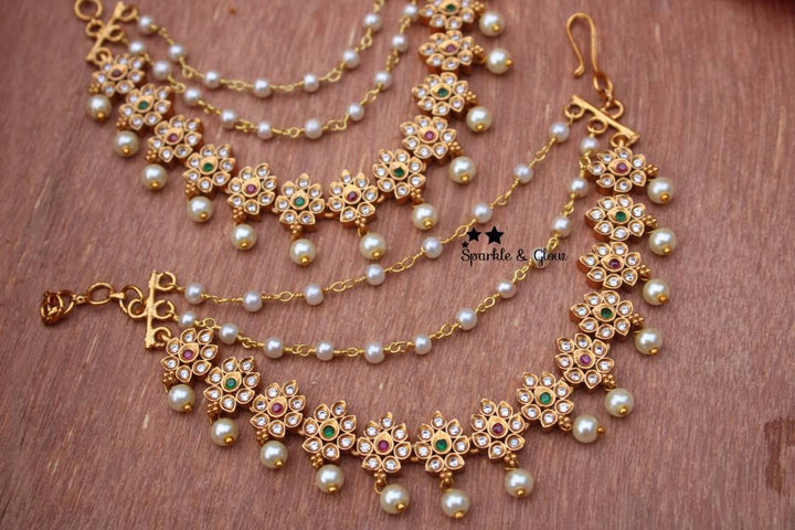 Flower designed ear chain with pearl drops - Sparkle and Glow