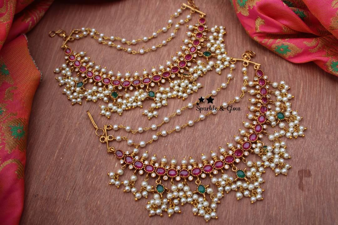 Gutta pusalu style ruby stone earchain - Sparkle and Glow