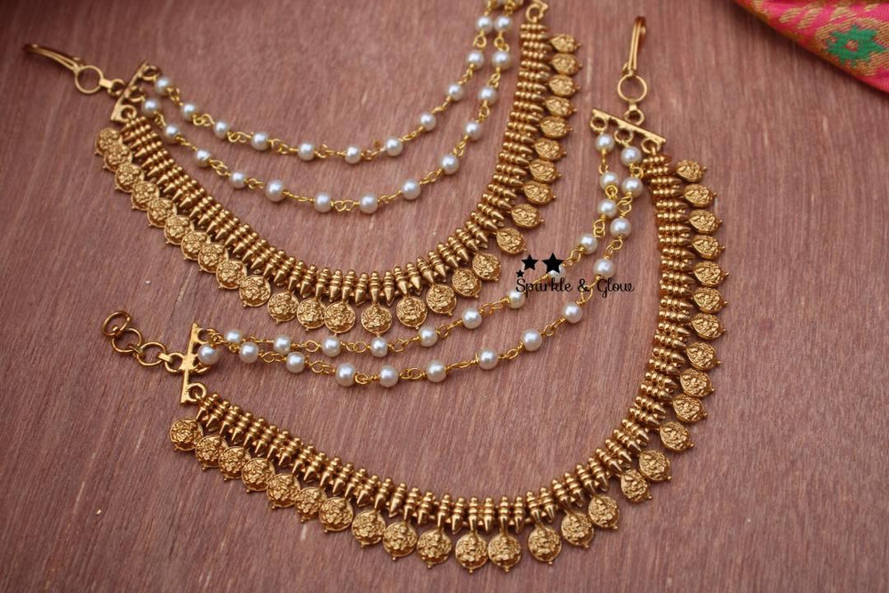 Lakshmi carved coin mattal / earchain - Sparkle and Glow