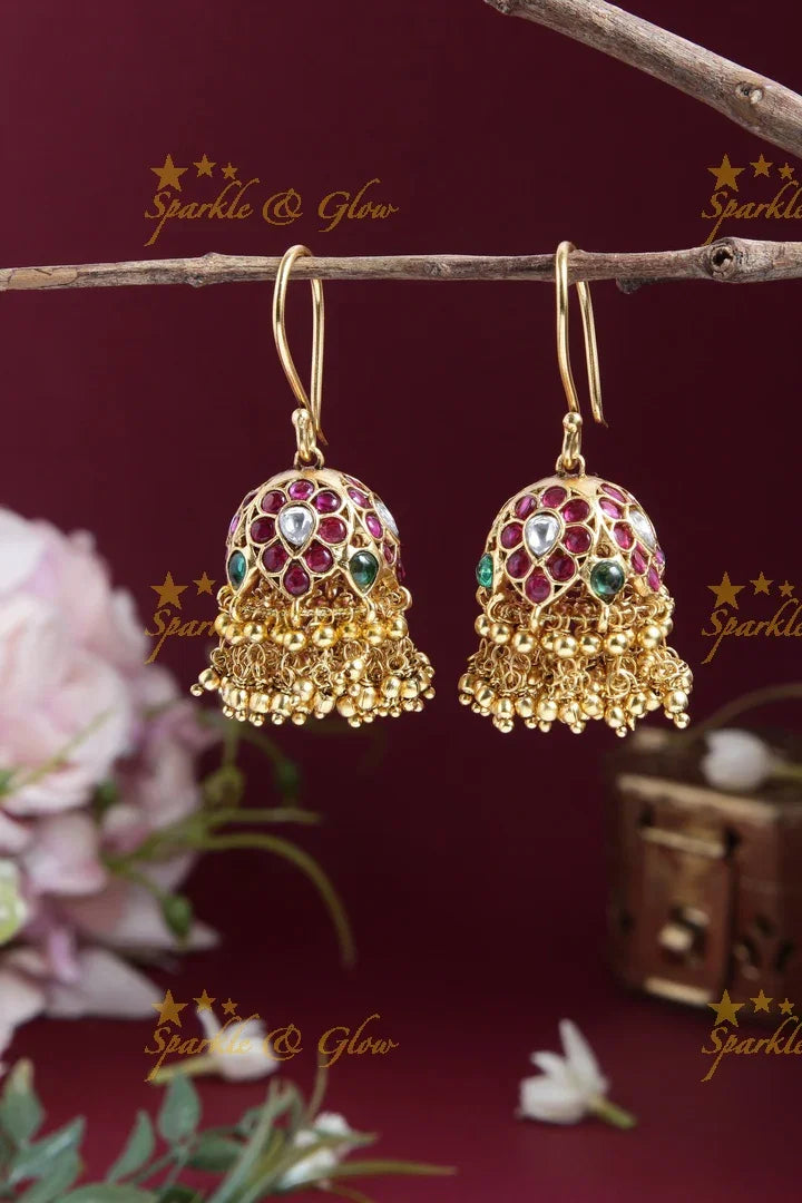Statement kemp stone hook jhumukas with gold beads - Sparkle and Glow