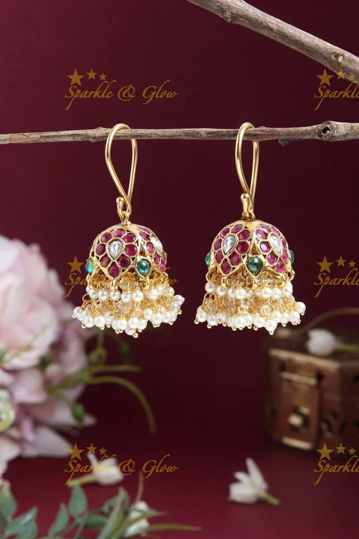 Statement kemp stone hook jhumukas with gold beads - Sparkle and Glow