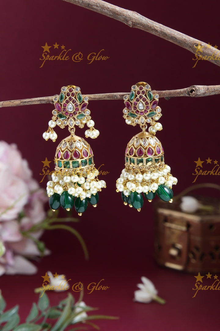 Beautiful Jadau replica Lotus jumukas with Green beads