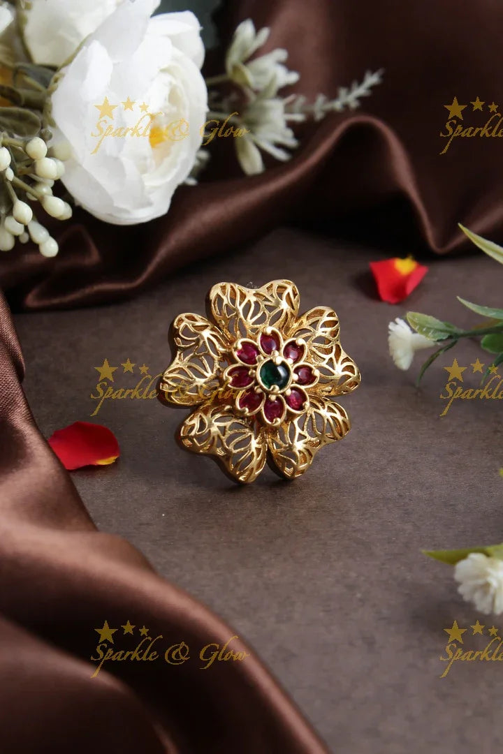 Gold alike kemp floral finger ring - Sparkle and Glow