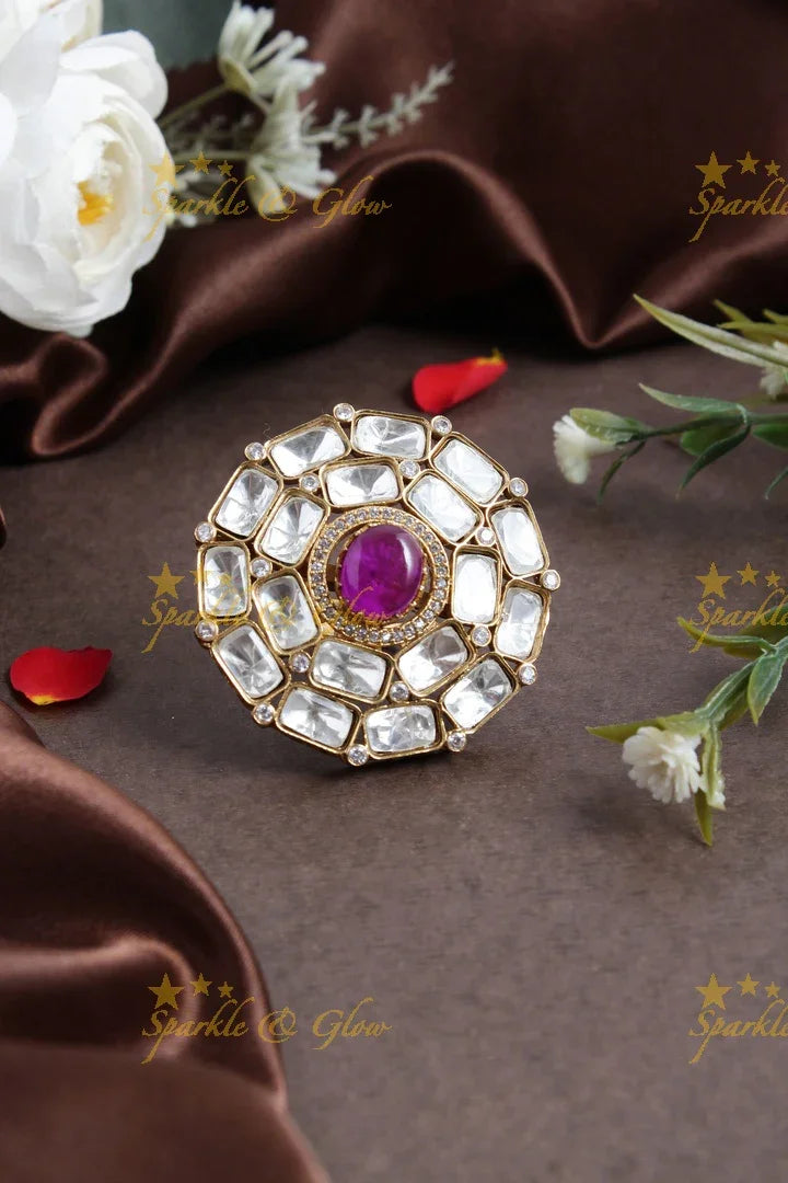 Stunning gold polish mossanite stone purple floral finger ring - Sparkle and Glow
