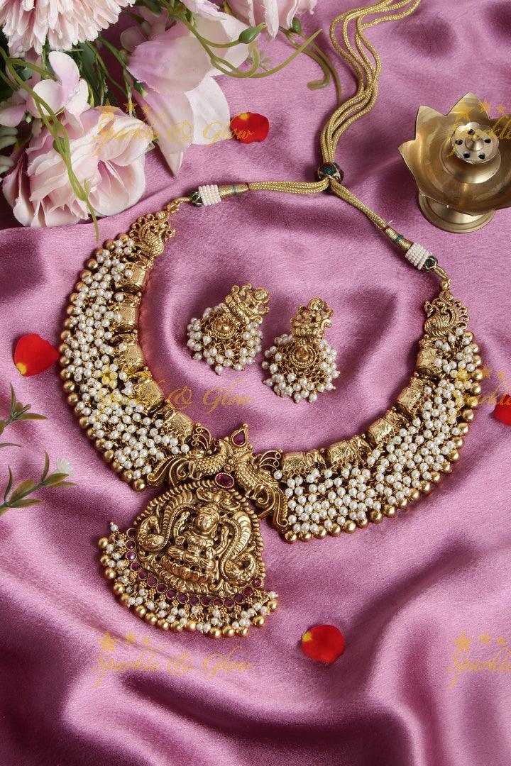 Gorgeous gold alike Lakshmi pearl cluster short necklace - Sparkle and Glow