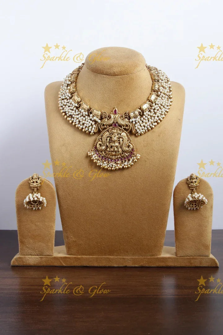 Gorgeous gold alike Lakshmi pearl cluster short necklace - Sparkle and Glow