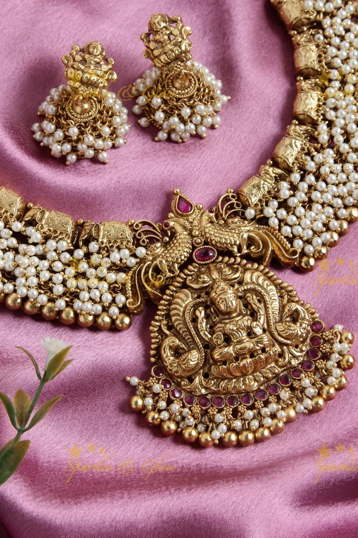 Gorgeous gold alike Lakshmi pearl cluster short necklace - Sparkle and Glow