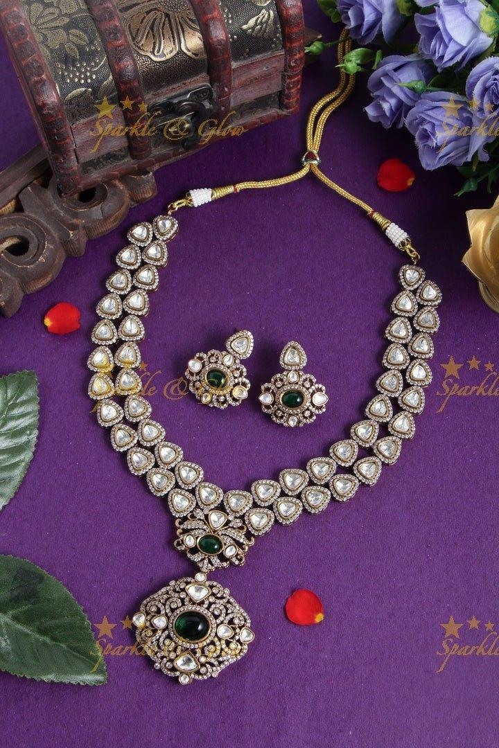 Stunning victorian AD layered necklace with Green stone - Sparkle and Glow