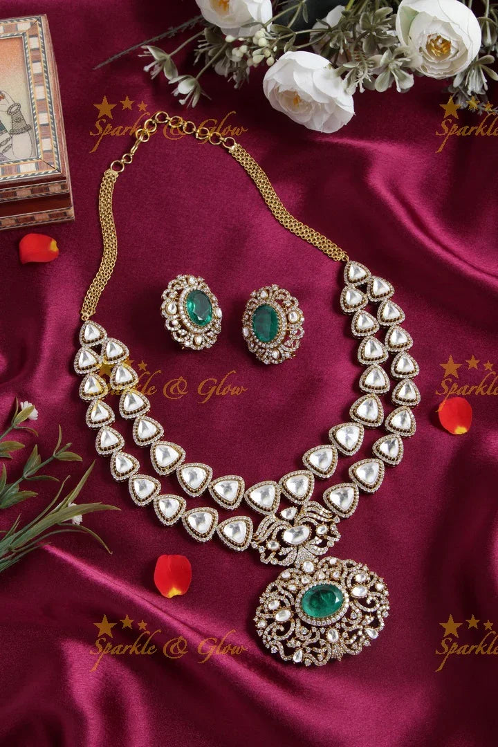 Stunning victorian AD gold polished layered necklace with Green stone - Sparkle and Glow