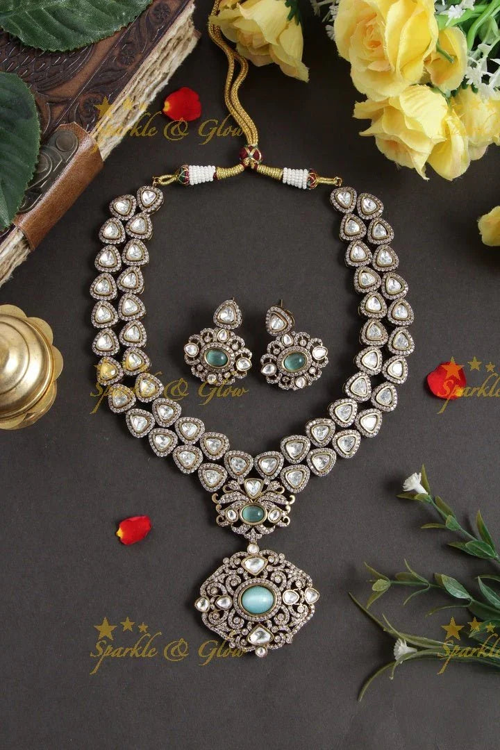 Stunning victorian AD layered necklace with Green stone - Sparkle and Glow