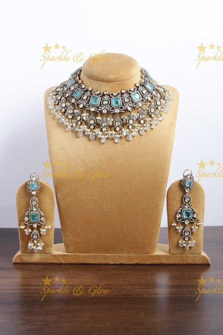 Goegeous Floral design victorian AD short necklace with stones and beads - mint green - Sparkle and Glow