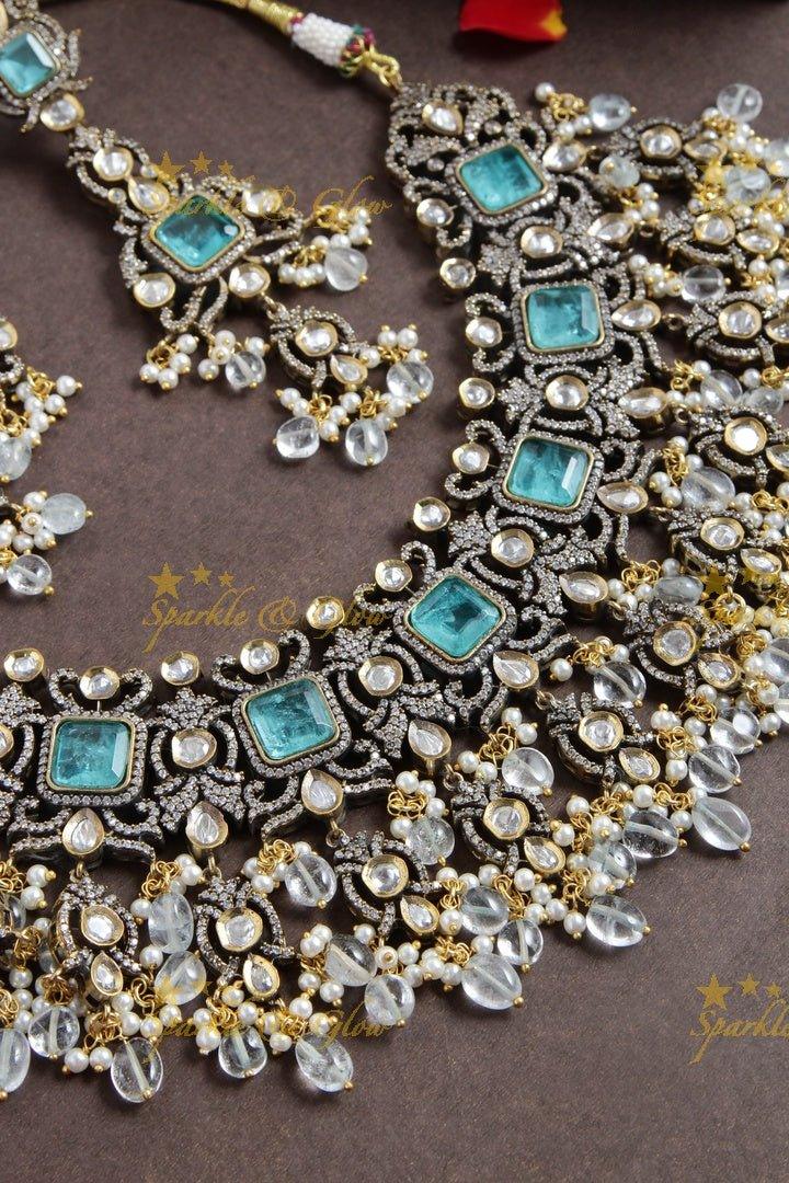 Goegeous Floral design victorian AD short necklace with stones and beads - mint green - Sparkle and Glow