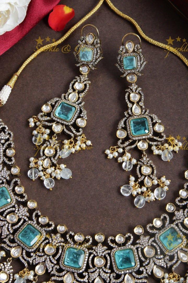 Goegeous Floral design victorian AD short necklace with stones and beads - mint green - Sparkle and Glow