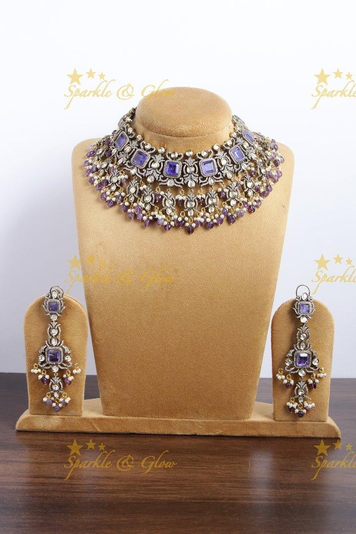 Goegeous Floral design victorian AD short necklace with stones and beads - mint green - Sparkle and Glow