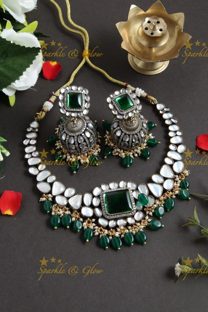 Alluring Green Beads asymetric Victorian AD necklace - Sparkle and Glow