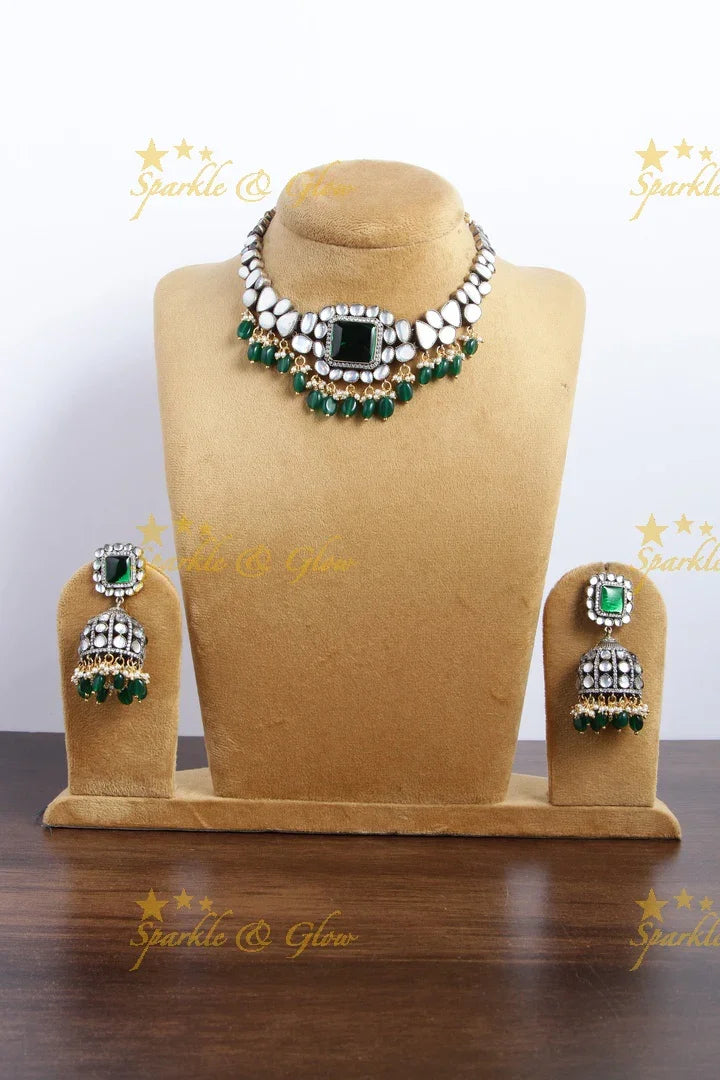 Alluring Green Beads asymetric Victorian AD necklace - Sparkle and Glow