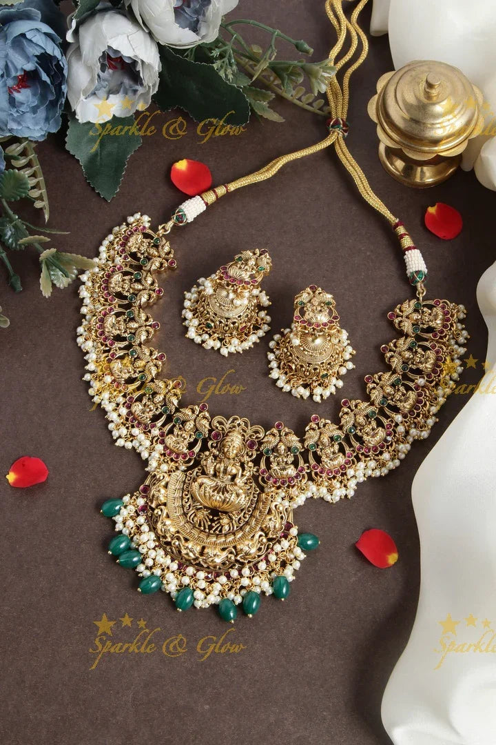 Gold alike Lakshmi Green beads necklace - Sparkle and Glow