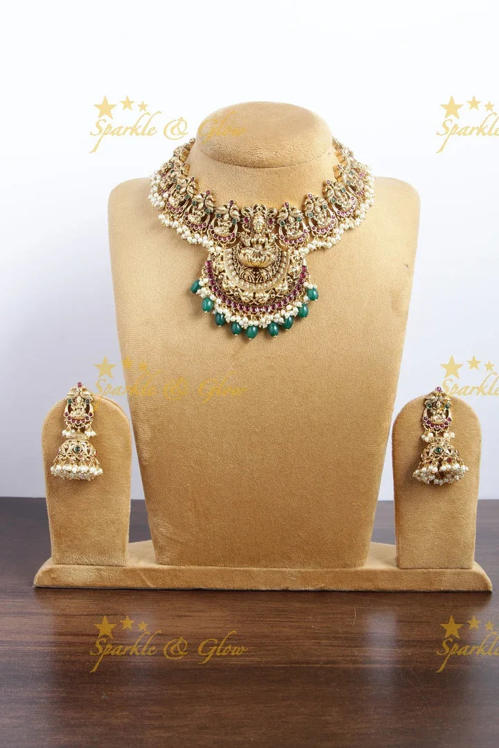 Gold alike Lakshmi Green beads necklace - Sparkle and Glow