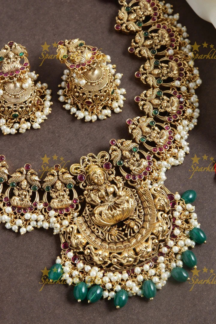 Gold alike Lakshmi Green beads necklace - Sparkle and Glow
