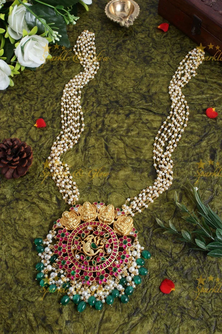 Beautiful Jadau peacock pendent pearl chain - Sparkle and Glow