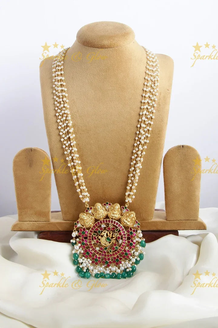 Beautiful Jadau peacock pendent pearl chain - Sparkle and Glow