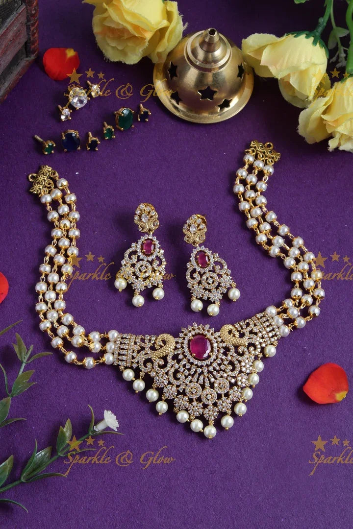 Premium matte Peacock ad pearl changeable stone choker - Sparkle and Glow