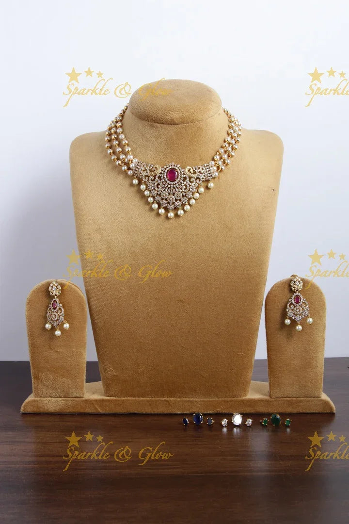 Premium matte Peacock ad pearl changeable stone choker - Sparkle and Glow