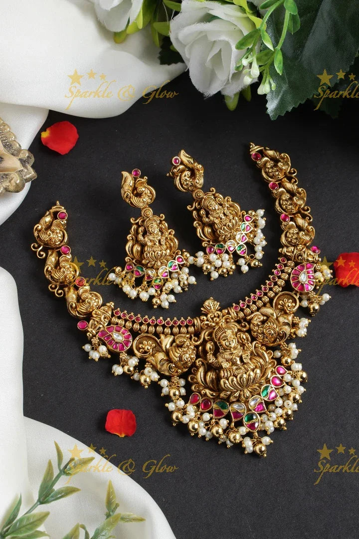 Jadau Lakshmi necklace with green beads - Sparkle and Glow