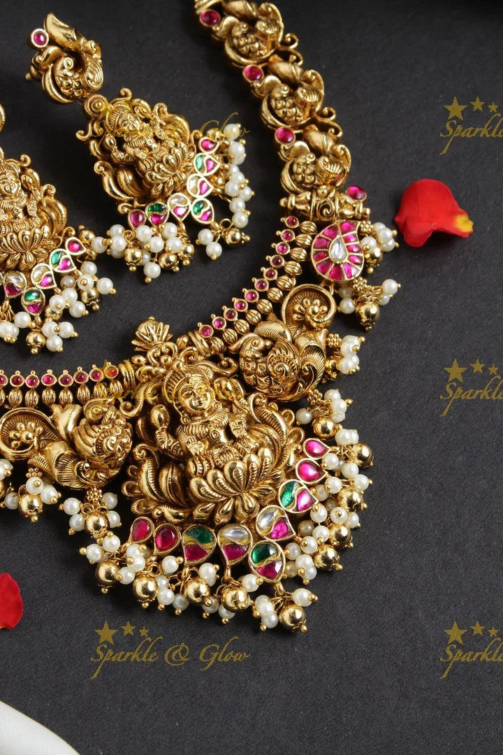 Jadau Lakshmi necklace with green beads - Sparkle and Glow