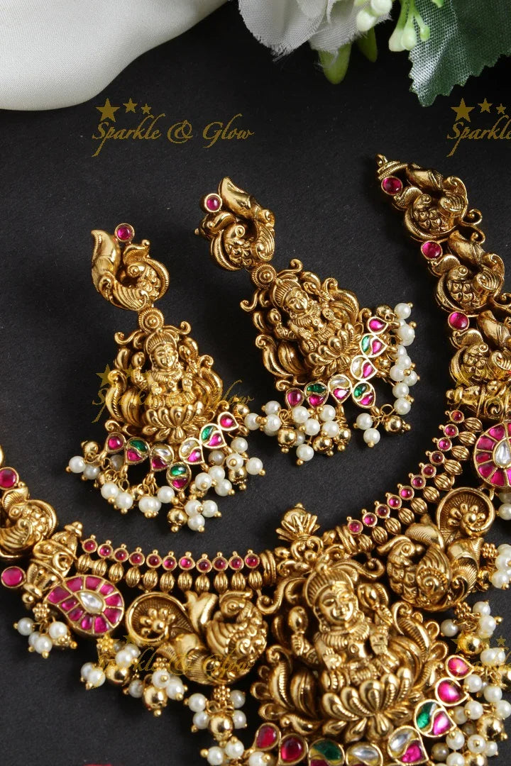 Jadau Lakshmi necklace with green beads - Sparkle and Glow