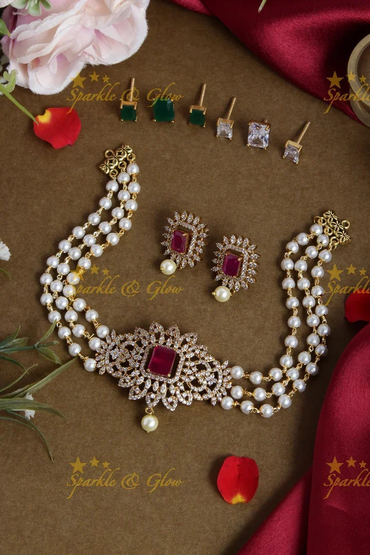 Premium matte floral ad pearl changeable stone choker - Sparkle and Glow