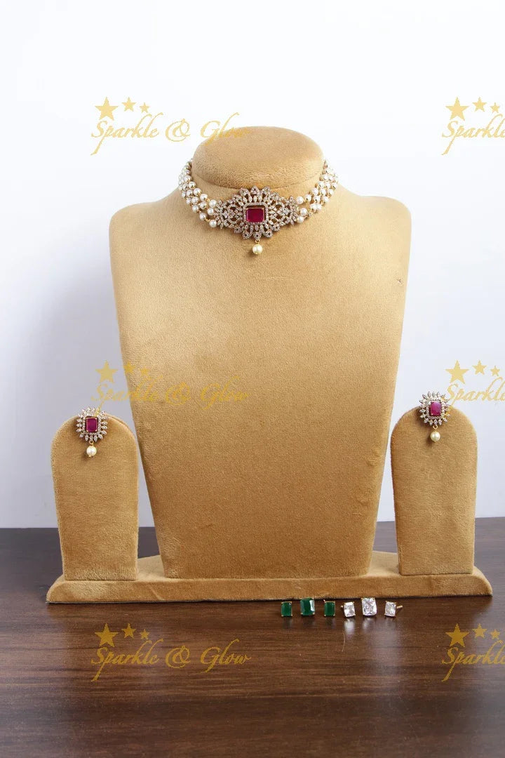 Premium matte floral ad pearl changeable stone choker - Sparkle and Glow