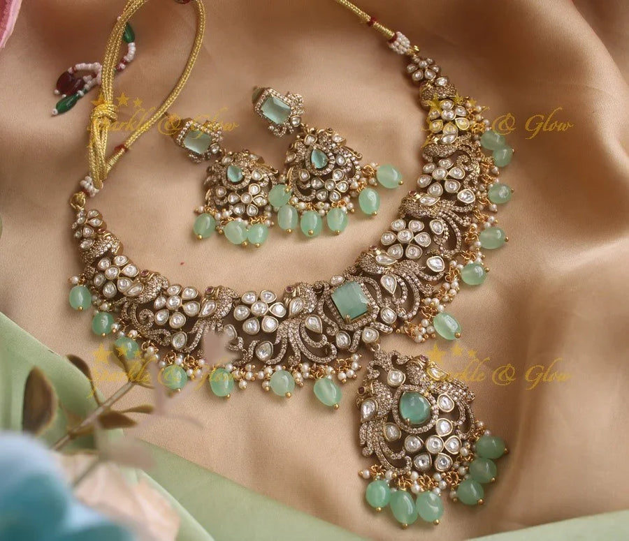 Gorgeous Peacock Victorian AD necklace with pastel green beads - Sparkle and Glow