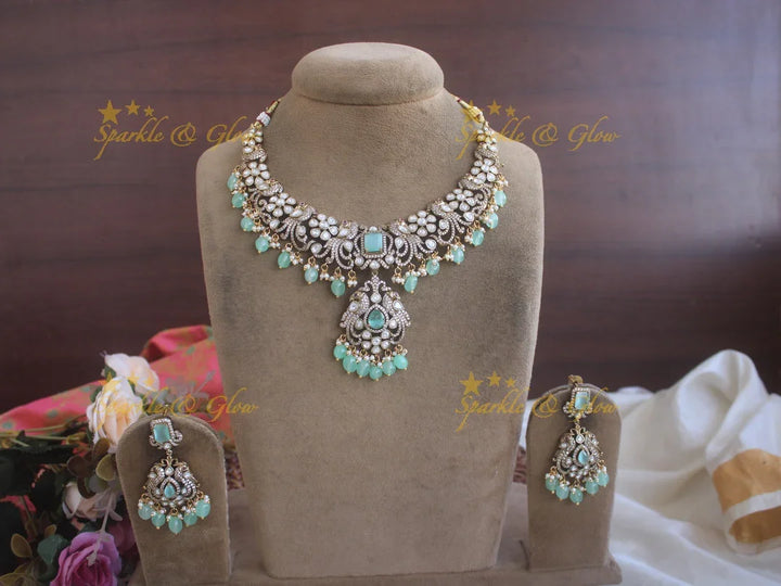 Gorgeous Peacock Victorian AD necklace with pastel green beads - Sparkle and Glow