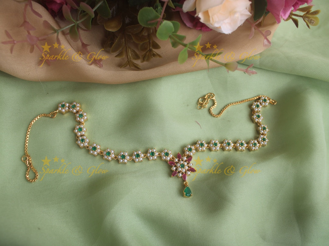 Elegant pearl and ruby and green stone floral kids hipchain
